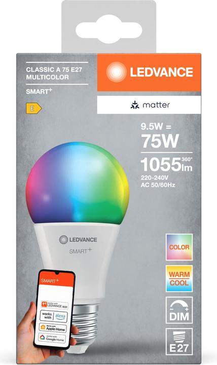 Image du produit Ledvance SMART+ MATTER CLASSIC A MULTICOLOR 9.5W 827...865 Multicolore E27 (E27, 9.50 W, 1055 lm, 1 x, F)