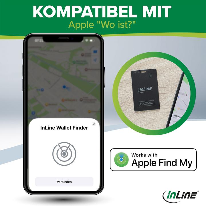 Productafbeelding InLine ® Wallet Finder, smarte Karte für die Geldbörse, Qi-Aufladung, 100mAh, IPX5 (iOS, iPadOS)