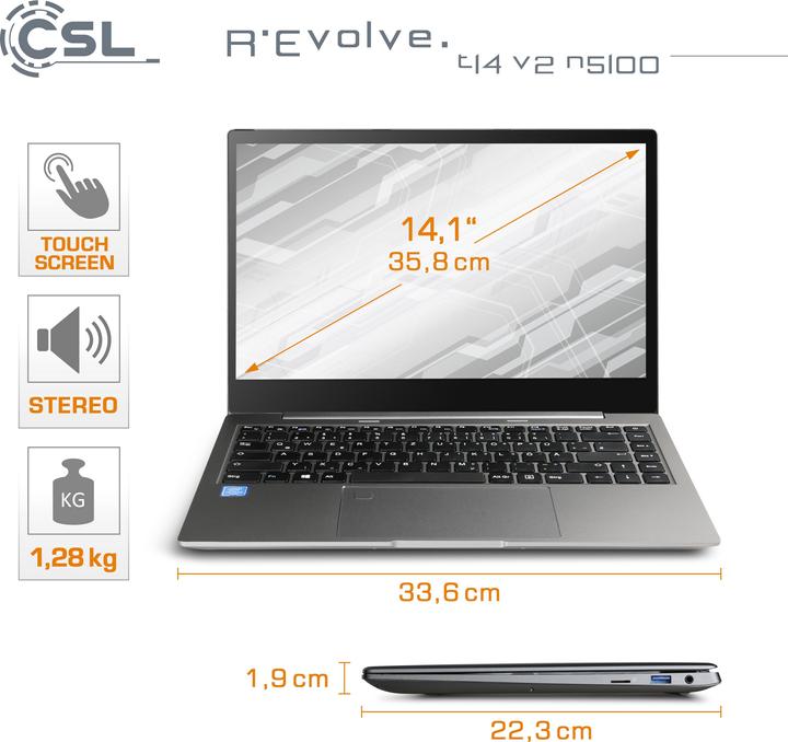 Image du produit CSL Ordinateur portable R" Evolve T14 V2 35.6cm (14 pouces) Full HD Intel® Celeron® N5100 16GB RAM 1TB (14", Intel Celeron N5100, 16 Go, 1000 Go, DE)