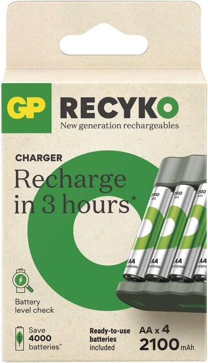 Productafbeelding GP Batteries GP ReCyko Alledaagse Batterijlader, B441 (USB), incl. 4 x AA 2100 mAh Batterijen (4 Pcs., AA, 2100 mAh, Oplaadbare batterijen + lader)