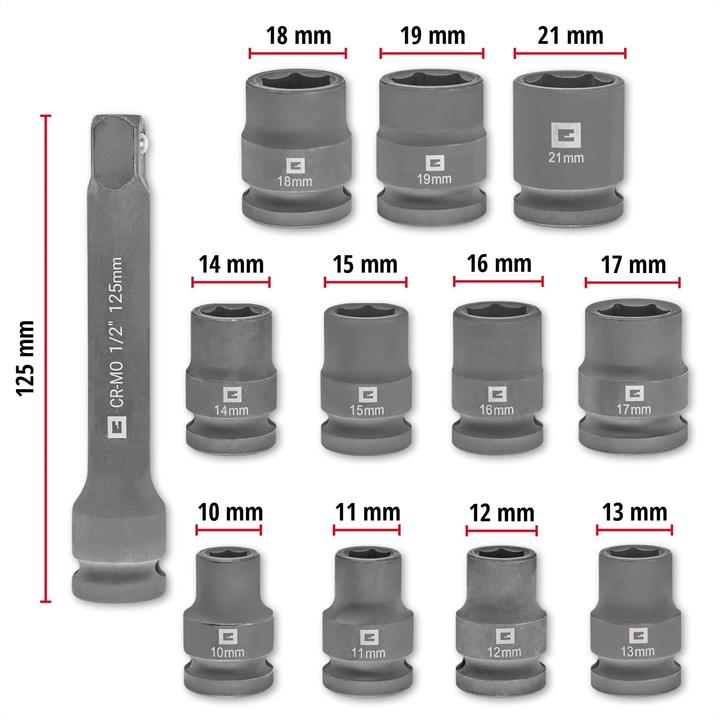 Produktbild Einhell Impact Stecknuss-Set, 109283, 12-teilig (18 mm, 15 mm, 11 mm, 21 mm, 16 mm, 12 mm, 14 mm, 17 mm, 13 mm, 19 mm, 10 mm)
