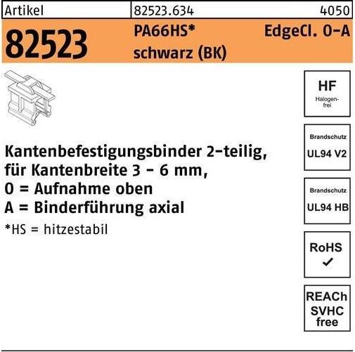 Produktbild HellermannTyton Befestigungsbinder R 82523 m.Edgeclip 4,6 x 200/45 PA66HS schwarz oben-axial (Befestigungsschlaufen, 200 mm, 500 Stk.)