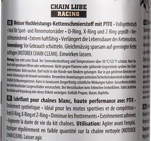 Valeurs nutritives et ingrédients Motorex La course à la chaîne (500 ml)