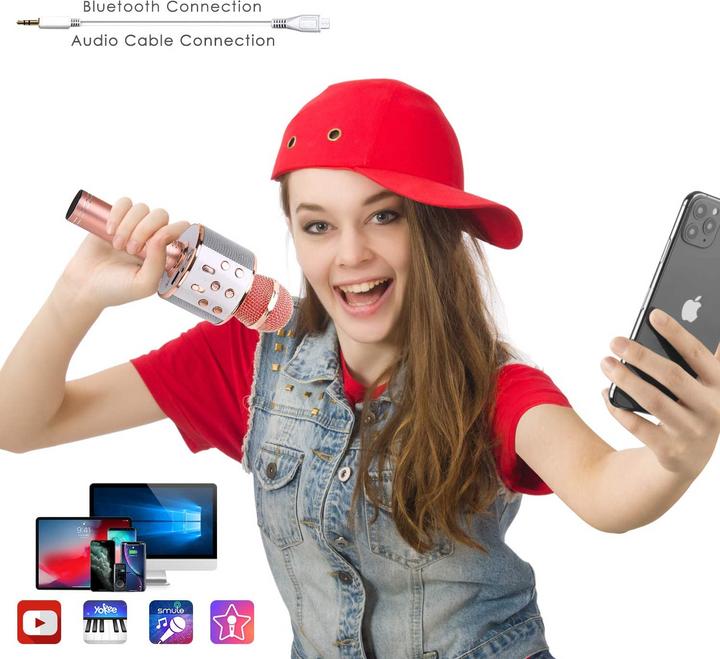 Immagine prodotto Esmée Microfono per karaoke con Bluetooth, AUX e altoparlante - oro rosa (iOS/Android)