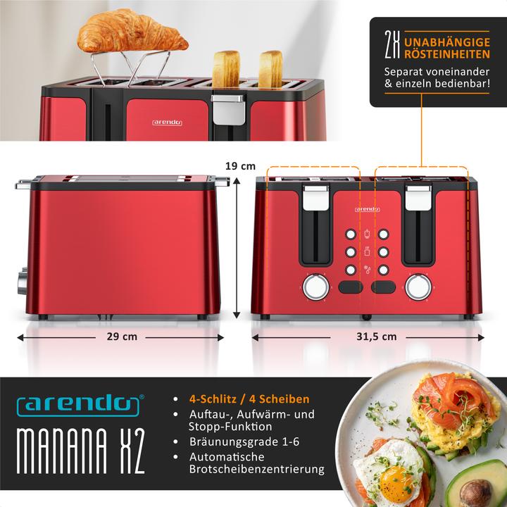 Produktbild Arendo Toaster 4 Scheiben Kurzschlitz, Wärmeisolierendes Doppelwandgehäuse, Edelstahl, Automatik, 1750 W (EU-Stecker)