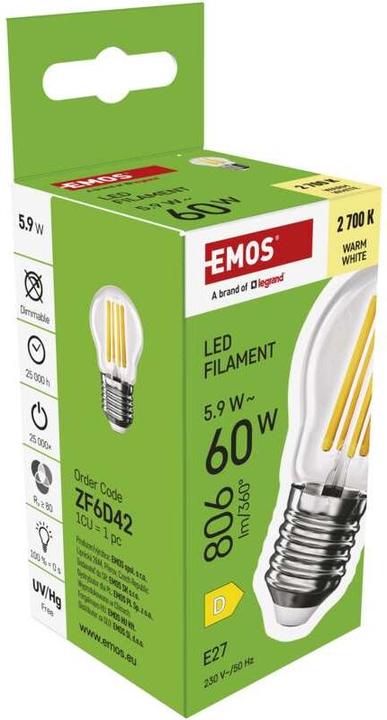 Immagine prodotto Emos Lampada LED Filament Mini Globe / E27 / 5,9 W (60 W) / 806 lm / Bianco caldo (E27, 5.90 W, 806 lm, 1 x, D)