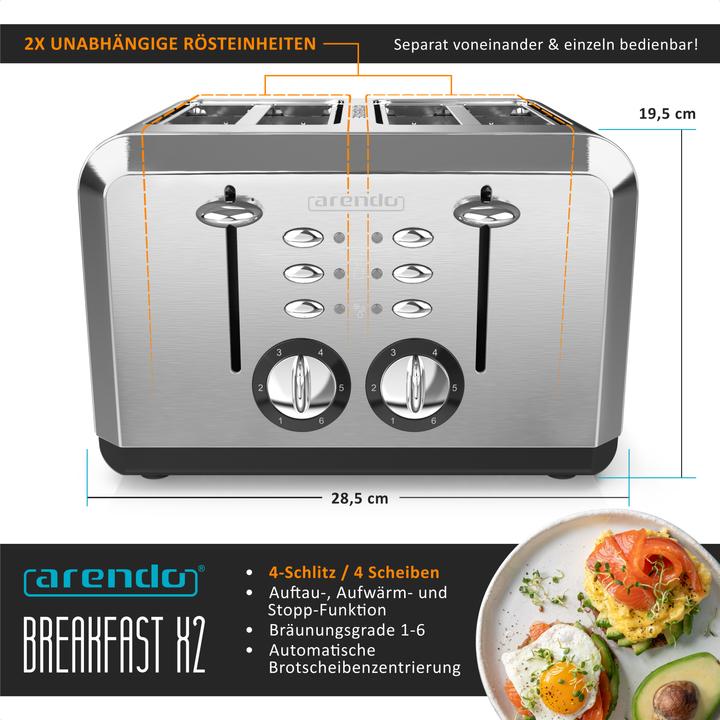 Actual product image Arendo Stainless steel toaster 4 slices, automatic, stainless steel, heat-insulating double-walled