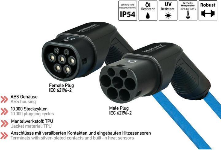 Immagine prodotto Kabelmeister Cavo di ricarica a spirale per auto elettriche, da spina a presa di tipo 2, 32 A, 5 m, blu (Tipo 2, 22 kW, 32 A, 5 m)