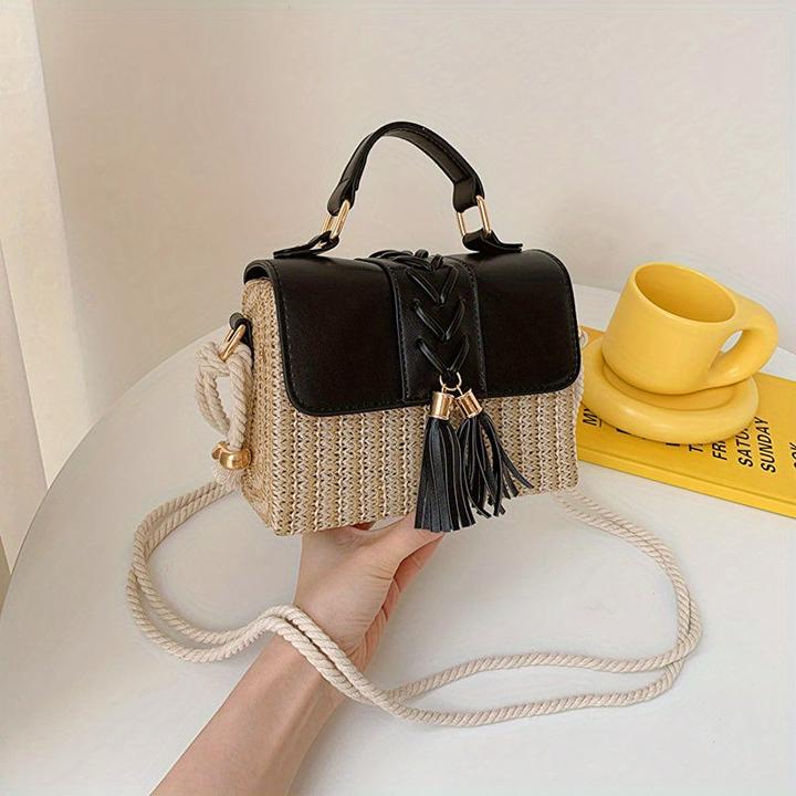 Produktbild Only-Bags.Store Quaste Dekor Stroh gewebt Handtaschen, Mini Rope Strap Crossbody Strandtasche, Frauen Top Handle