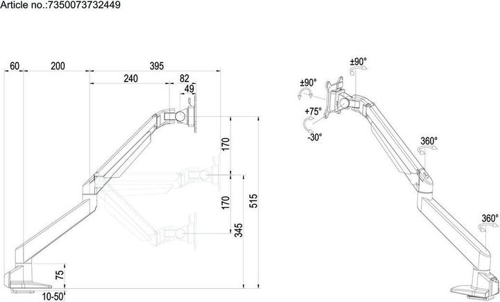 Actual product image Multibrackets Gas lift arm single (Table, 32")