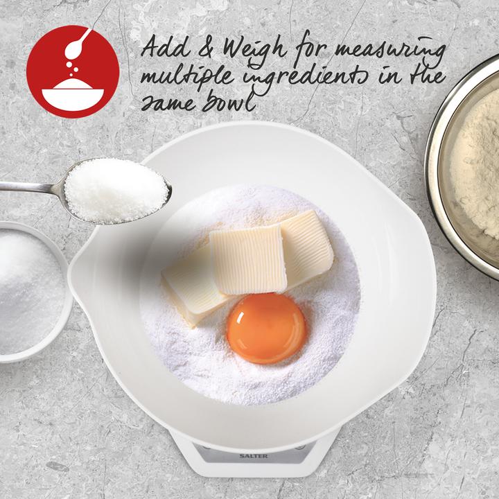 Actual product image Salter 1024 WHDR14 Digital Kitchen Scales with Dual Pour Mixing Bowl white