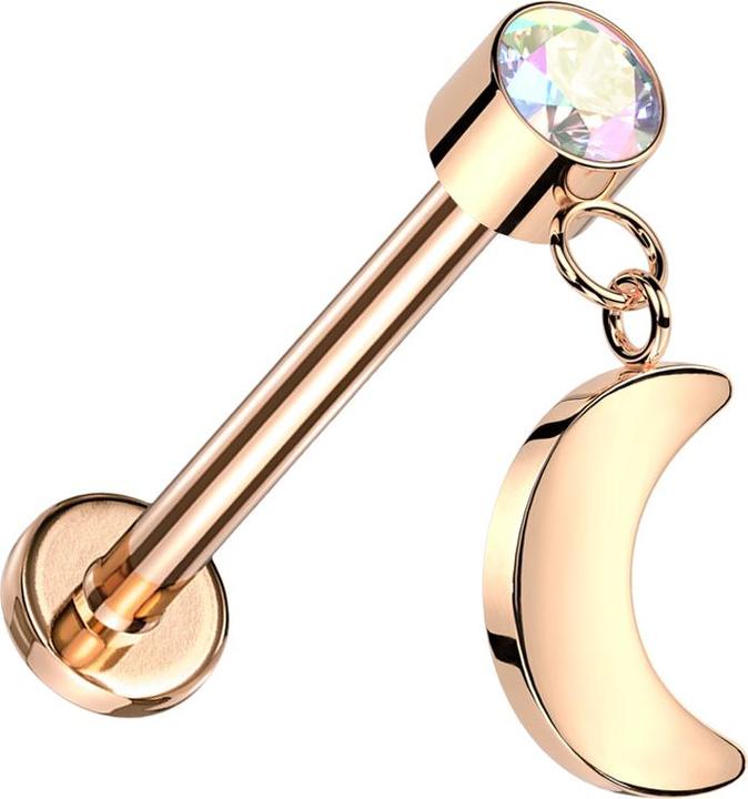 Produktbild Star Piercing Micro Threadless Labret rosegold Zylinder rosegold Kristall multicolor Anhänger Mond rosegold (Titan G23, ohne Messing)