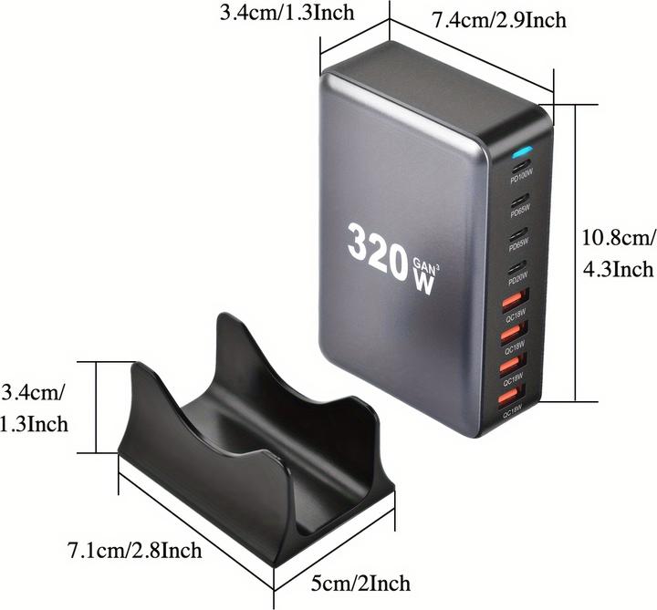 Produktbild PhoneLook Schnellladegerät 320W Hub GaN III USB-C 8 Ports für PC/Tablet/Smartphone mit CH/EU Stecker (320 W)