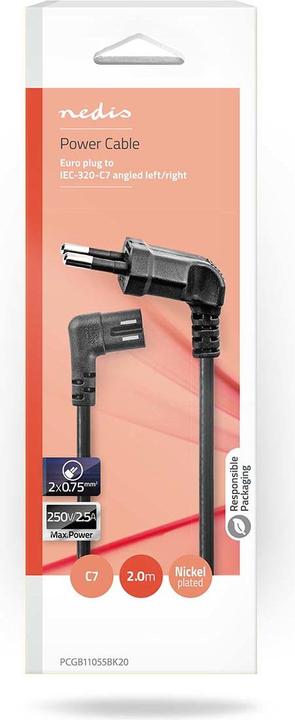 Produktbild Nedis Stromkabel | Euro Männlich | IEC-320-C7 | Abgewinkelt | Links abgewinkelt | Vernickelt | 2.00 (2 m)