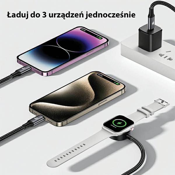 Actual product image Awei cable W23 3w1 usb-c/lightning/watch 100W/10W/2.5W czarny/black (1.20 m, USB 3.0, 100 W)