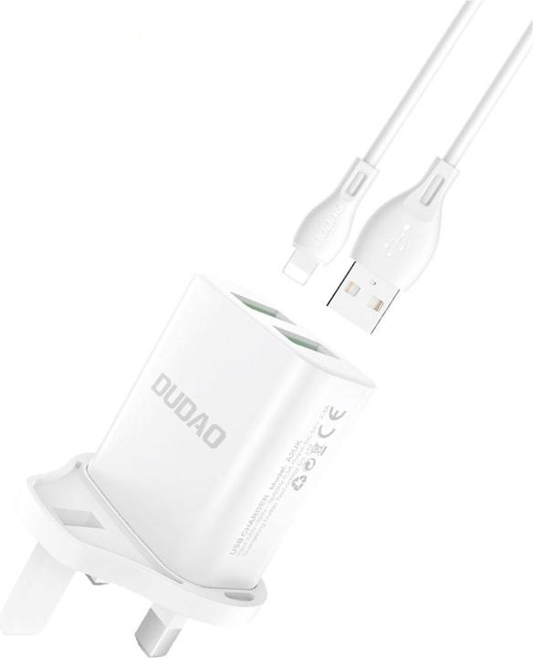 Produktbild Dudao Wall charger UK plug (United Kingdom) 2xUSB-A 2.4A white + USB-A cable - Lightning