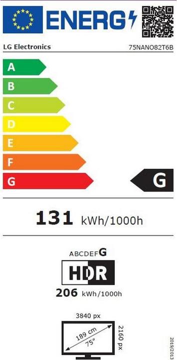 Energie-Label LG TV 75NANO82T6B 75, 3840 x 2160 (Ultra HD 4K), LED-LCD (75", NANO82, Nano-Cell, 2024)