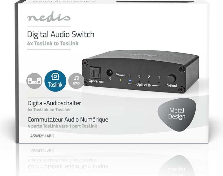 Actual product image Nedis Digital Audio Switch | 4-Way | Connectors - Input: DC Power / 4x TosLink | Connectors - Off (0.05 m)