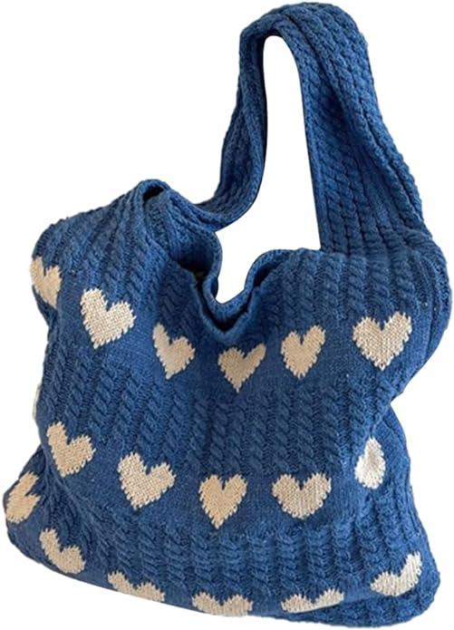 Only-Bags.Store Minimalistische Liebe Muster Hobo Tasche, gestrickt Lagerung Einkaufstasche, leichte Urlaub Tasche