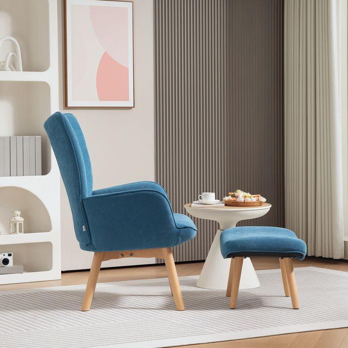 Actual product image Swisshandel24 Sessel mit Hocker, Ohrensessel mit Hoher Rückenlehne, Holzbeine, Cord, Blau