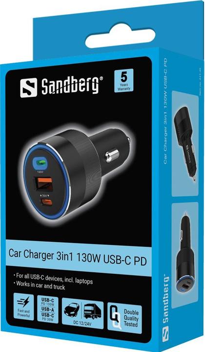 Actual product image Sandberg Car Charger 3in1 130W USB-C PD