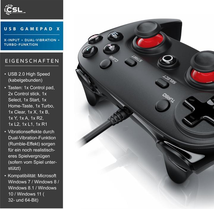Immagine prodotto CSL Controller di gioco, Gamepad per PC e PS3, doppia vibrazione, funzione Turbo, ingresso diretto e (PS3, PC)