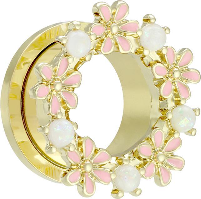Actual product image Star Piercing Flesh Tunnel Gold Plated Flowers with Opalite (Brass, Surgical steel 316L)