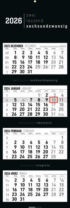 Actual product image Alpha Edition 4-Monatskalender Black 2026 - Büro-Kalender 33x20 cm (geschlossen), 33x100 (geöffnet) - faltbar - (Hardcover, German)