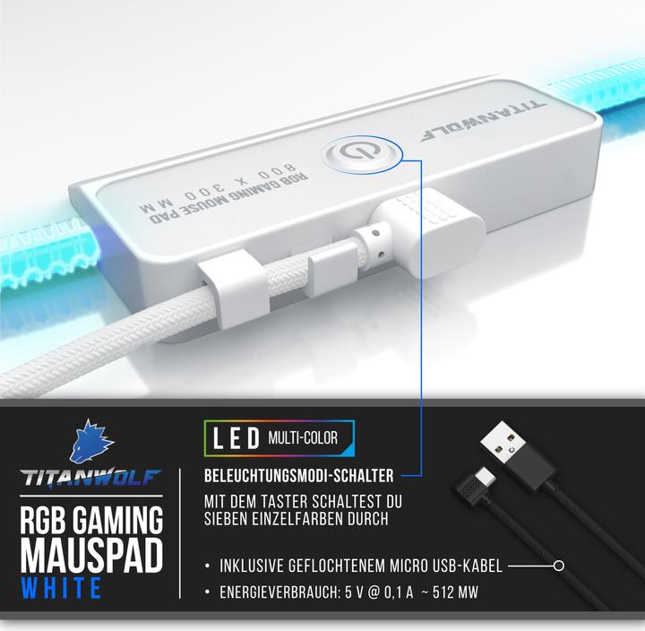 Actual product image Titanwolf RGB Gaming Mouse Pad, Mouse Mat XL 800 x 300mm improves precision & speed, white (XL)