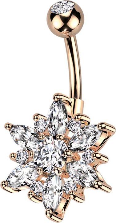 Star Piercing Banane rosegold mit Kugel rosegold Kristall silber und Blume Kristalle silber und silber (Messing, Chirurgenstahl 316L)