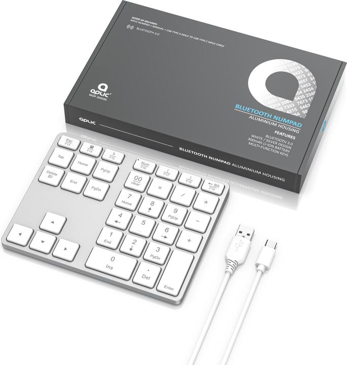 Actual product image Aplic Bluetooth numpad, wireless numeric keypad with multifunction keys, aluminium keypad, 35 keys, BT3.0 (DE, Wireless)
