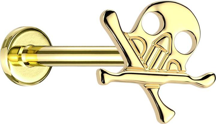 Star Piercing Micro Threadless Labret vergoldet Totenkopf mit gekreuzten Knochen vergoldet (Titan G23, ohne Messing)