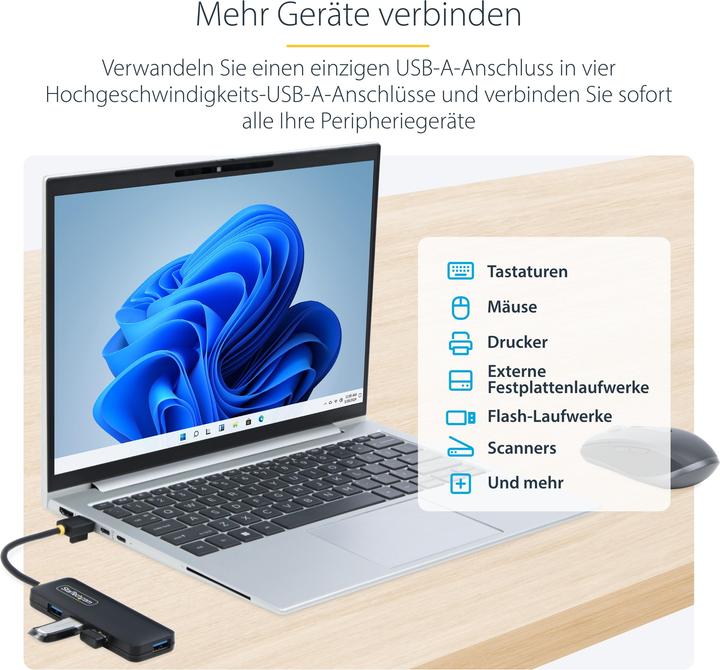 Actual product image StarTech 4-Port USB-A Hub 5gbps Portable Powered Nms Ns Ctlr (USB-A, 4 Ports)