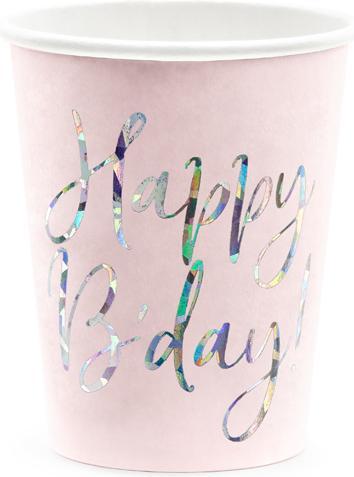 Actual product image Partydeco Cups Happy B'day!, light powder pink, 220ml (1 pkt / 6 pc.) (6 x)