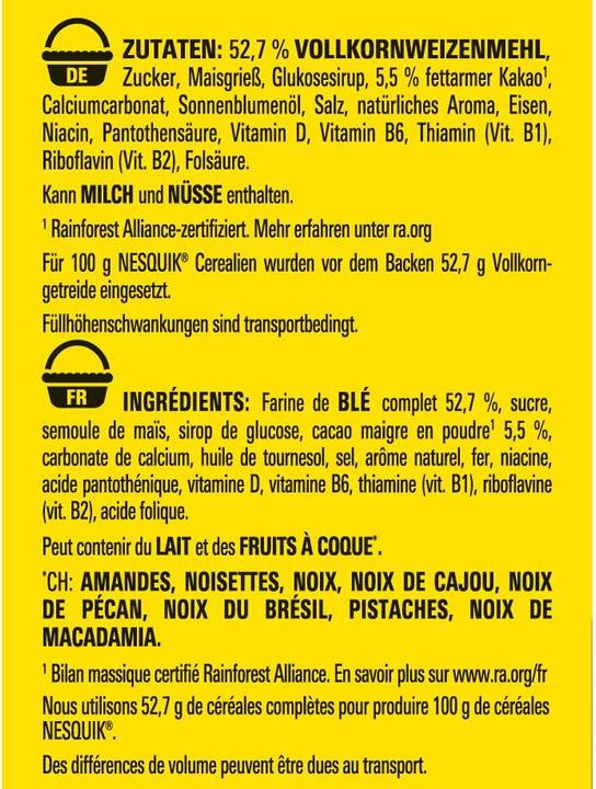 Valeurs nutritives et ingrédients Nesquik Céréales (375 g)