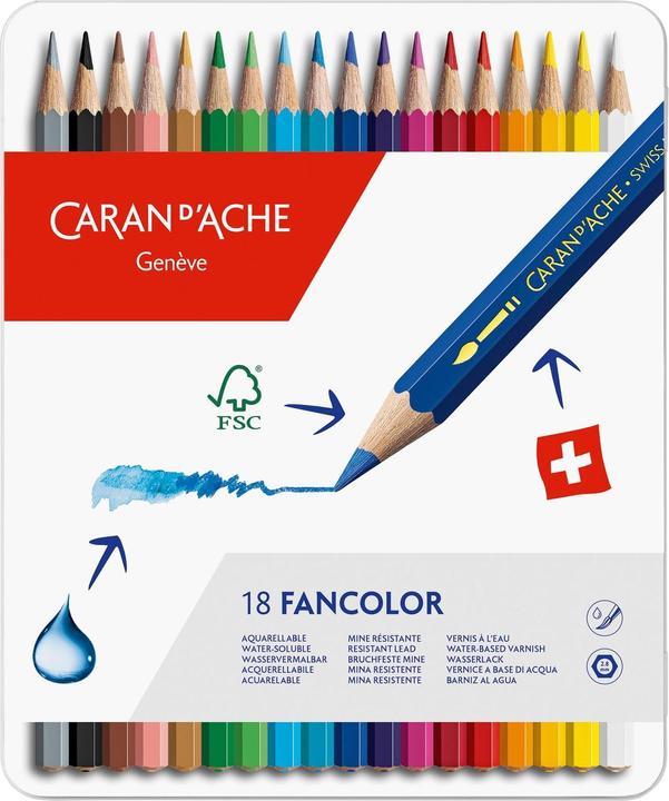 Caran d'Ache Matite colorate Fancolor scatola in metallo (Multicolore, 18 x)
