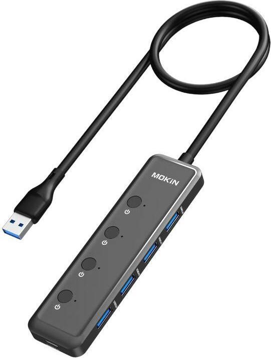 Actual product image Mokin HUB 5in1 USB-A3.0 to 4xUSB-A + 1xUSB-C DC (black) (USB-C, 4 Ports)