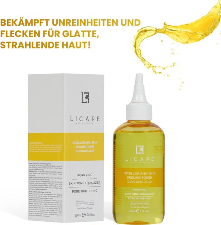 Produktbild Licape Peeling Gesichtswasser 200 ml - Mit Glycolsäure AHA-BHA & Tiefenreinigung (Peeling, 200 ml)