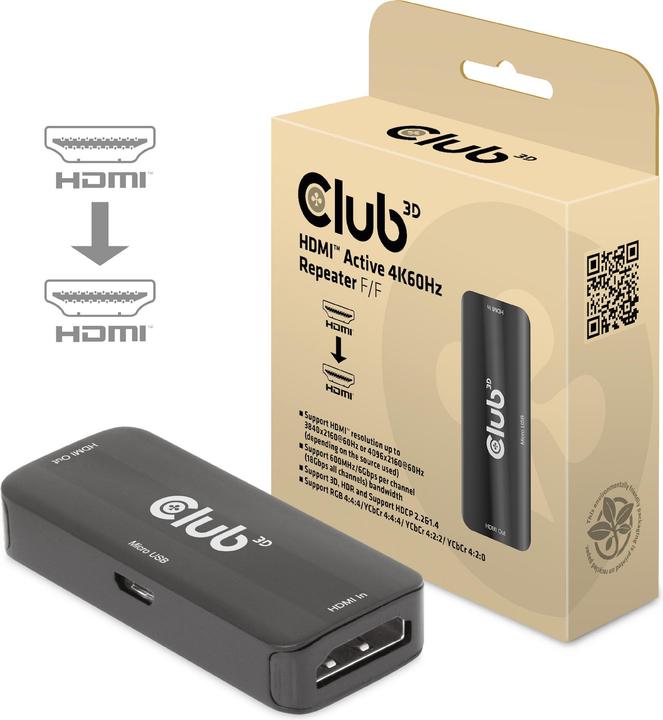 Produktbild Club 3D Club3D Repeater HDMI > HDMI 4K60Hz aktiv Bu/Bu retail (0.06 m)
