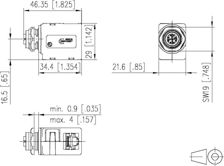 Actual product image Elbro CONNECT M12 Coupling X-coded to RJ45, angled 90 (Network coupling)