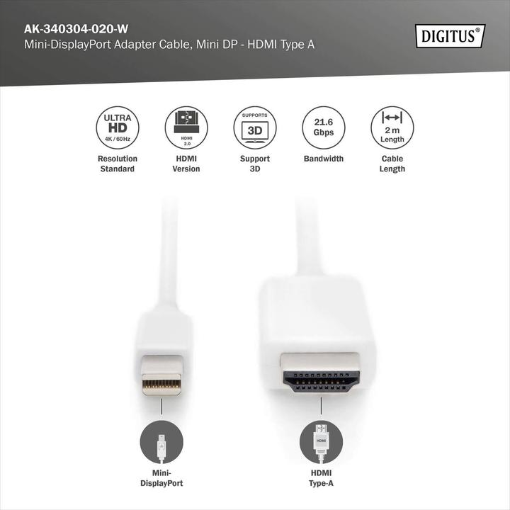 Produktbild Digitus ASSMANN DisplayPort Adapterkabel Mini DP - HDMI Typ A St (2 m, DisplayPort, HDMI)