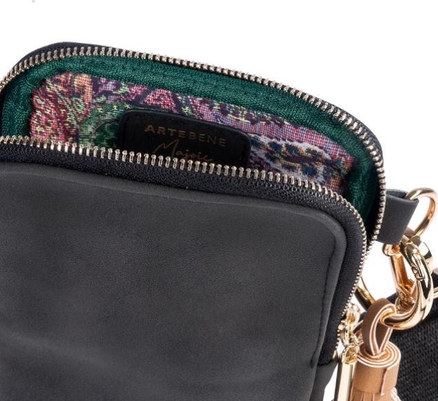 Image du produit Artebene MAJOIE Etui pour téléphone portable en cuir nubuck noir - Sac à bandoulière végétalien avec touches