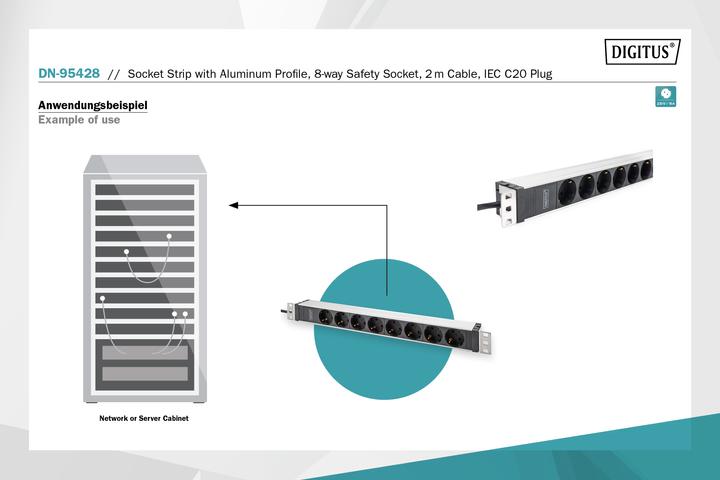 Produktbild Digitus Steckdosenleiste mit Aluminiumprofil, 8-fach Schutzkontaktsteckdose, 2 m Zuleitung, IEC C20 Stecker