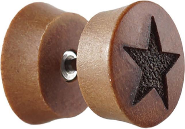 Star Piercing Fake Plug aus Sawo Holz mit Stern (ohne Messing, Organisch)