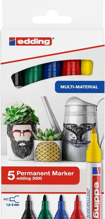 Image du produit Edding Marqueur permanent 3000 5 pièces, vert/jaune/bleu/rouge (Rouge, Noir, Bleu, Jaune, Vert, 3 mm, 5 x)