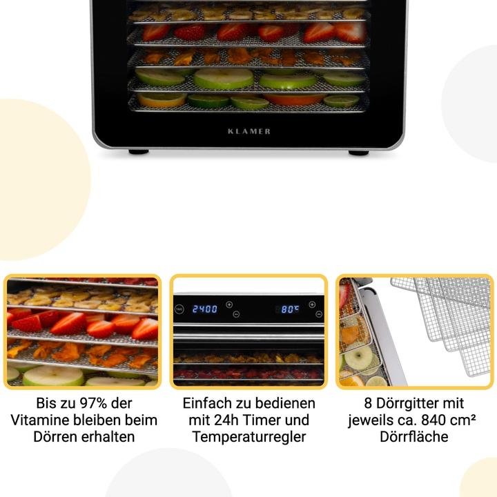 Actual product image KLAMER Premium dehydrator XL 700W, 8 extra large stainless steel shelves