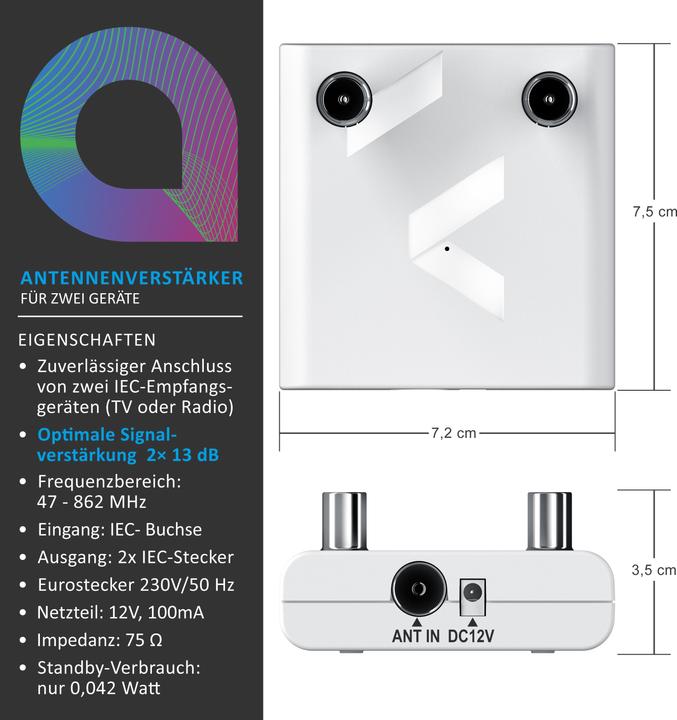 Produktbild Aplic TV Antennenverstärker, DVB-T2, Kabel TV, Radio Verstärker, 2x 13 dB Signalverstärkung, 2x IEC Output (Verstärker)
