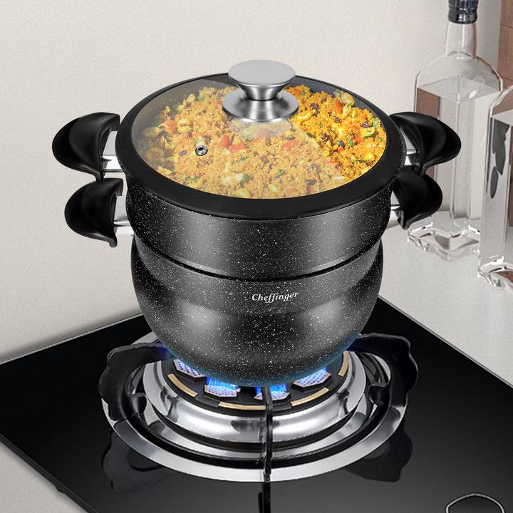 Produktbild Cheffinger Couscous-Topf mit Dampfgarer Innen Antihaftbeschichtung und Marmor-Effekt-Beschichtung 6L (20 cm, Dampfkochtopf, Aluminium)