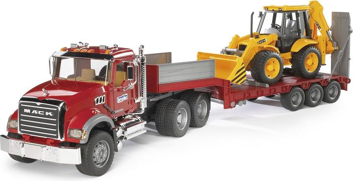 Actual product image Bruder Mack Granite truck with low loader and excavator
