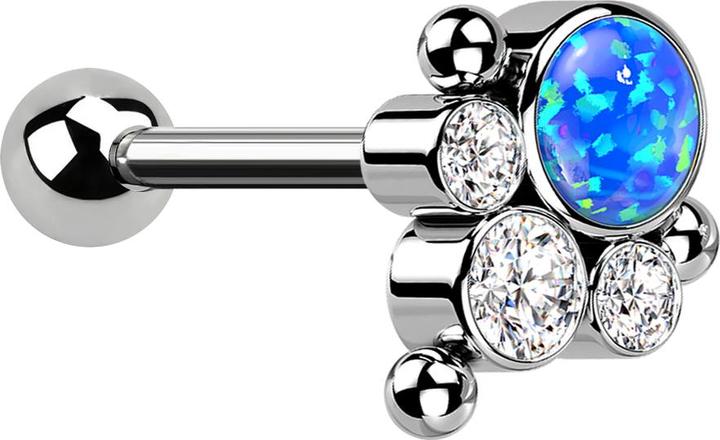 Produktbild Star Piercing Micro Barbell Threadless silber mit Kugel und drei Kugeln drei Kristalle silber Opal blau (Titan G23, ohne Messing)
